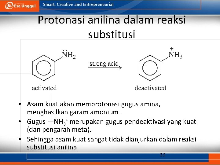 Protonasi anilina dalam reaksi substitusi • Asam kuat akan memprotonasi gugus amina, menghasilkan garam