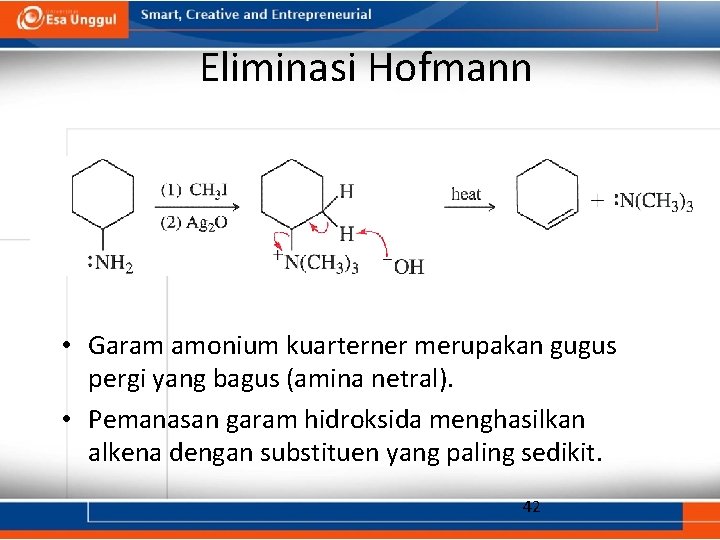 Eliminasi Hofmann • Garam amonium kuarterner merupakan gugus pergi yang bagus (amina netral). •