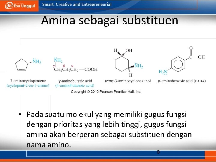 Amina sebagai substituen • Pada suatu molekul yang memiliki gugus fungsi dengan prioritas yang