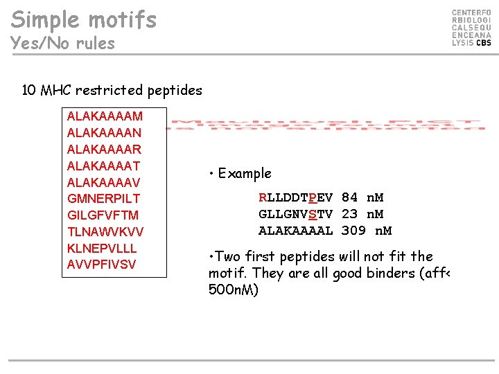 Simple motifs Yes/No rules 10 MHC restricted peptides ALAKAAAAM ALAKAAAAN ALAKAAAAR ALAKAAAAT ALAKAAAAV GMNERPILT