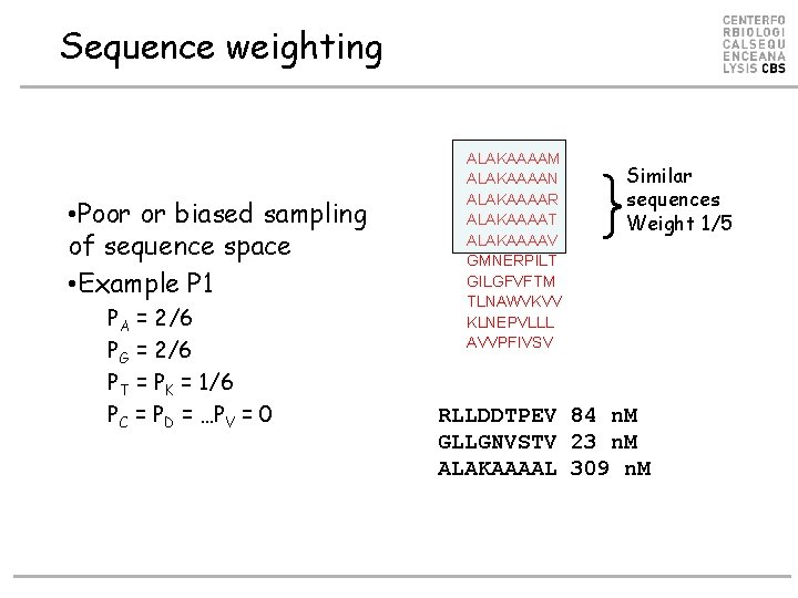 Sequence weighting • Poor or biased sampling of sequence space • Example P 1