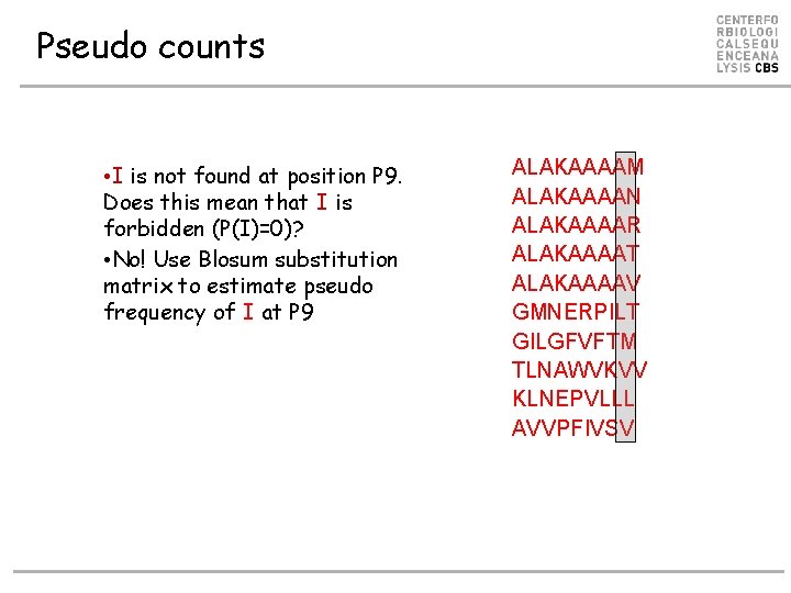 Pseudo counts • I is not found at position P 9. Does this mean