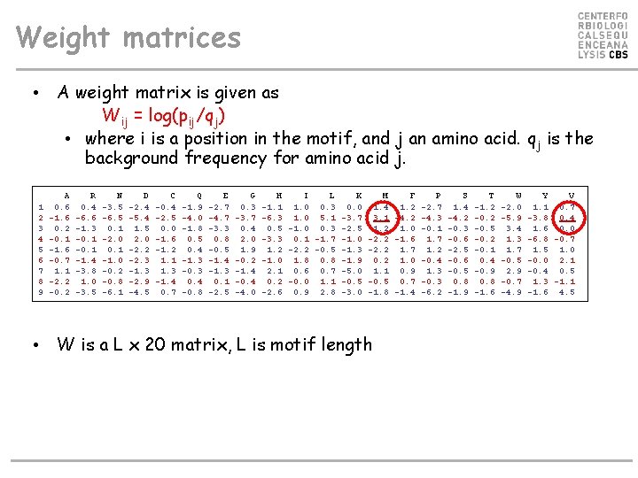 Weight matrices • A weight matrix is given as Wij = log(pij/qj) • where