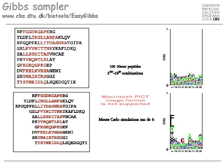 Gibbs sampler www. cbs. dtu. dk/biotools/Easy. Gibbs 100 10 mer peptides 2100~1030 combinations Monte