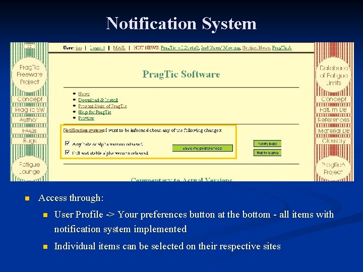 Notification System n For registered users (anonymous/privileged/correspondents), which are currently logged in n Once