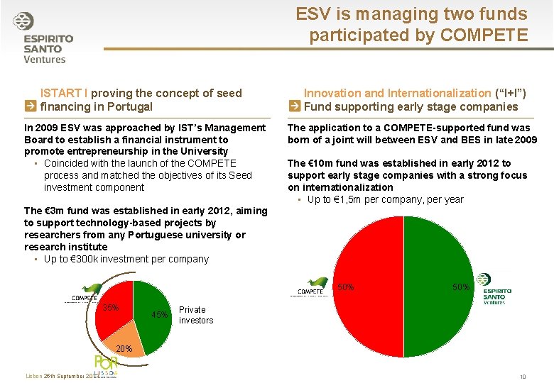 ESV is managing two funds participated by COMPETE ISTART I proving the concept of