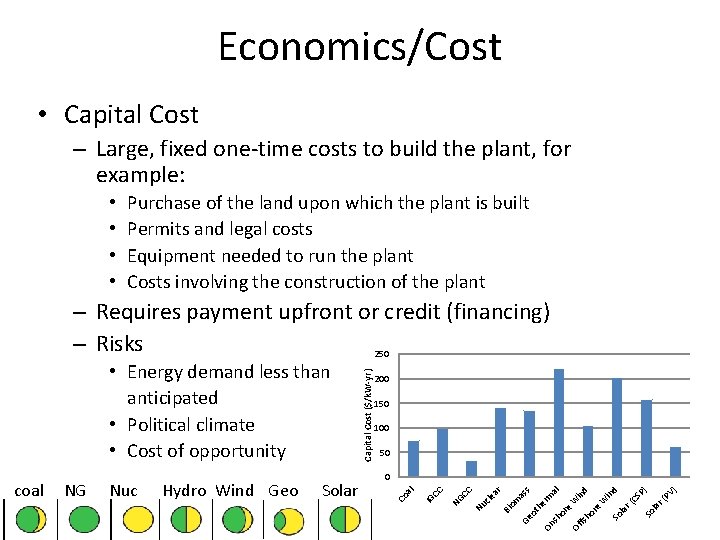 Economics/Cost • Capital Cost – Large, fixed one-time costs to build the plant, for