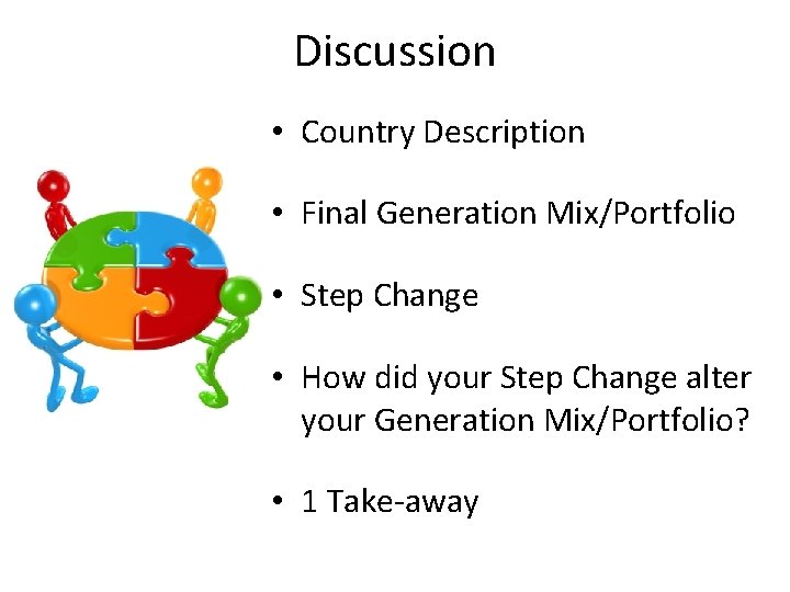 Discussion • Country Description • Final Generation Mix/Portfolio • Step Change • How did