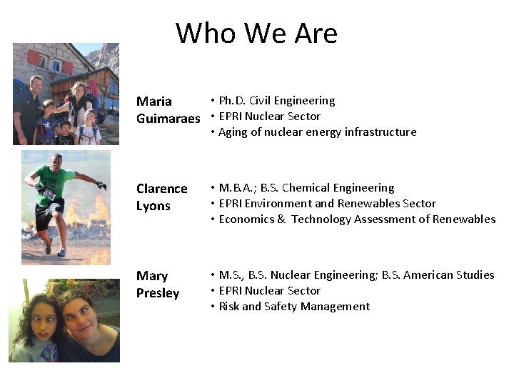 Who We Are • Ph. D. Civil Engineering Maria Guimaraes • EPRI Nuclear Sector