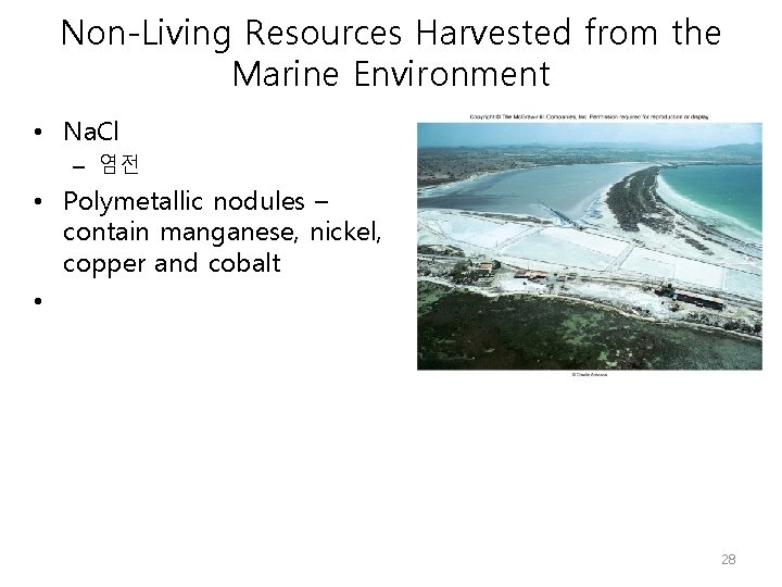 Non-Living Resources Harvested from the Marine Environment • Na. Cl – 염전 • Polymetallic