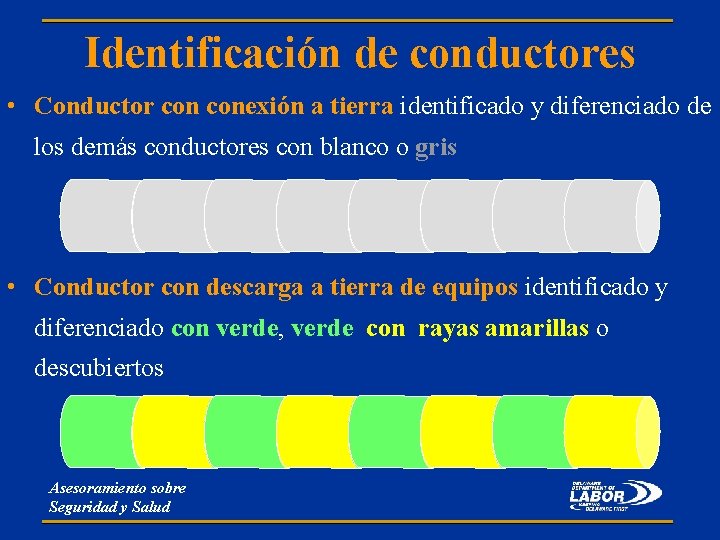 Identificación de conductores • Conductor conexión a tierra identificado y diferenciado de los demás