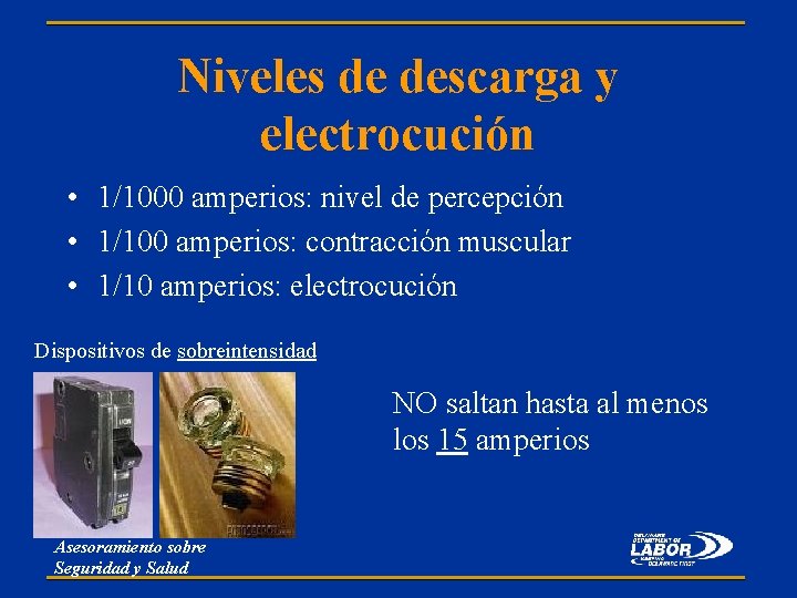 Niveles de descarga y electrocución • 1/1000 amperios: nivel de percepción • 1/100 amperios: