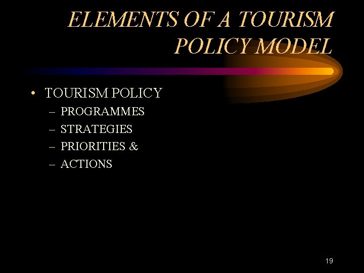 ELEMENTS OF A TOURISM POLICY MODEL • TOURISM POLICY – – PROGRAMMES STRATEGIES PRIORITIES