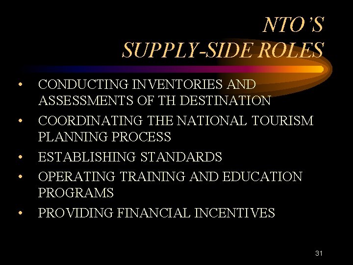 NTO’S SUPPLY-SIDE ROLES • • • CONDUCTING INVENTORIES AND ASSESSMENTS OF TH DESTINATION COORDINATING