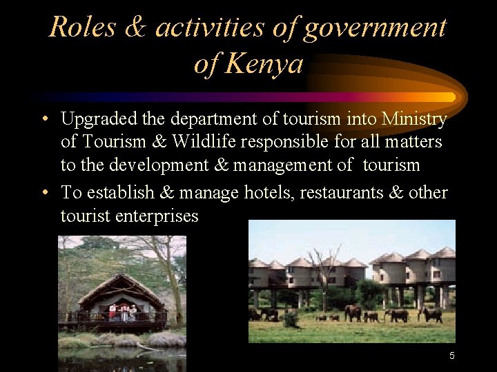 Roles & activities of government of Kenya • Upgraded the department of tourism into