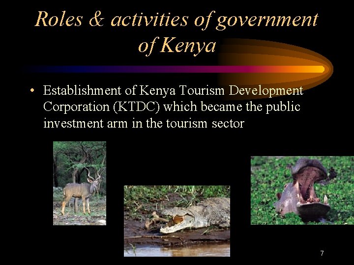 Roles & activities of government of Kenya • Establishment of Kenya Tourism Development Corporation