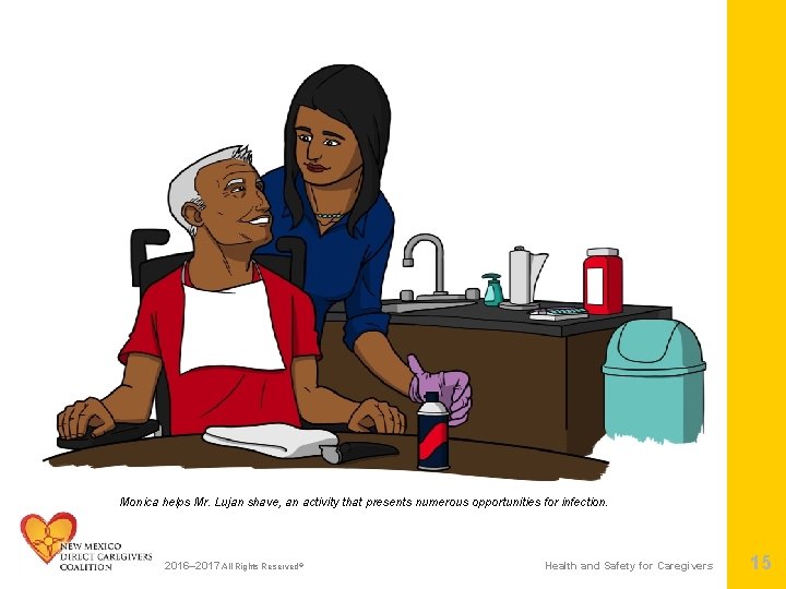 Monica helps Mr. Lujan shave, an activity that presents numerous opportunities for infection. 2016–