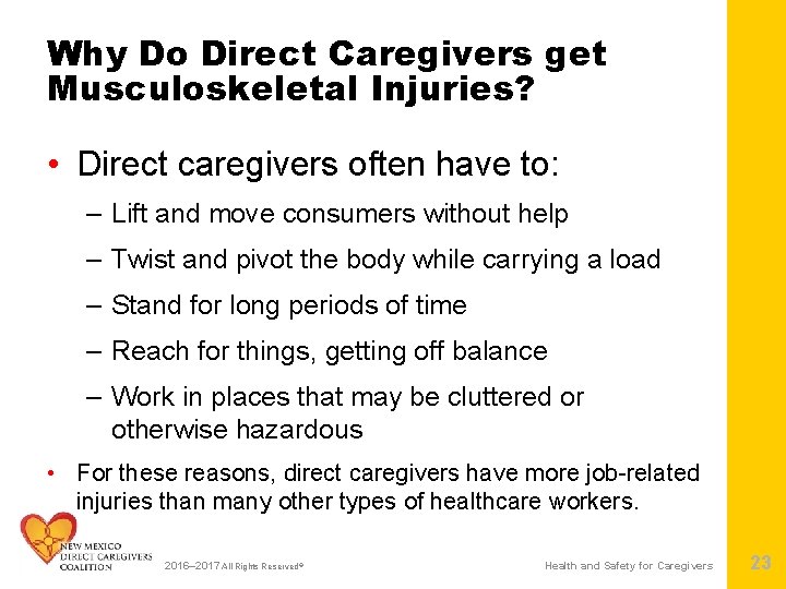 Why Do Direct Caregivers get Musculoskeletal Injuries? • Direct caregivers often have to: –