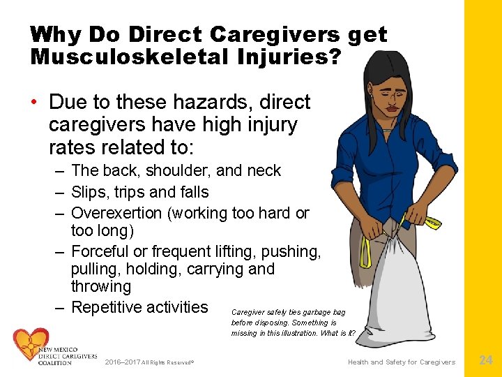 Why Do Direct Caregivers get Musculoskeletal Injuries? • Due to these hazards, direct caregivers