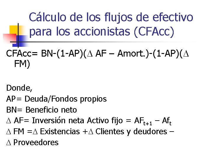 Cálculo de los flujos de efectivo para los accionistas (CFAcc) CFAcc= BN-(1 -AP)(D AF