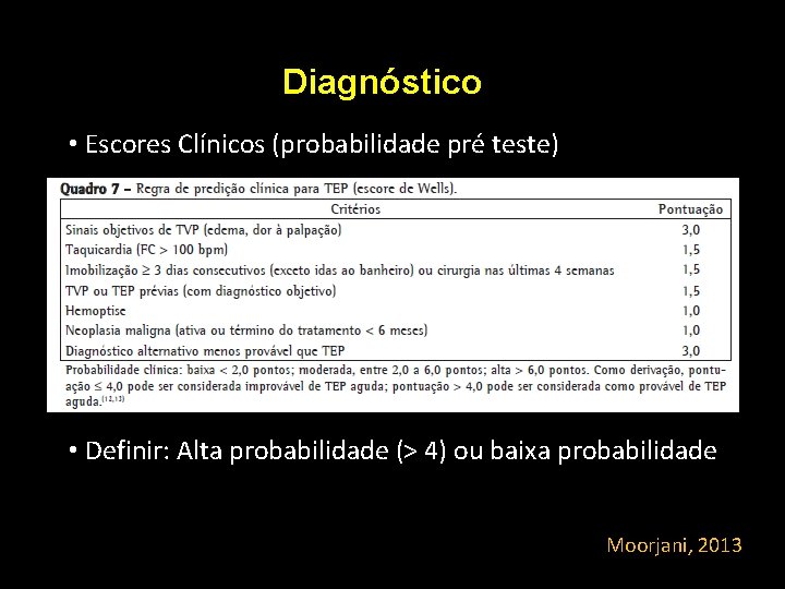 Diagnóstico • Escores Clínicos (probabilidade pré teste) • Definir: Alta probabilidade (> 4) ou Diagnóstico • Escores Clínicos (probabilidade pré teste) • Definir: Alta probabilidade (> 4) ou