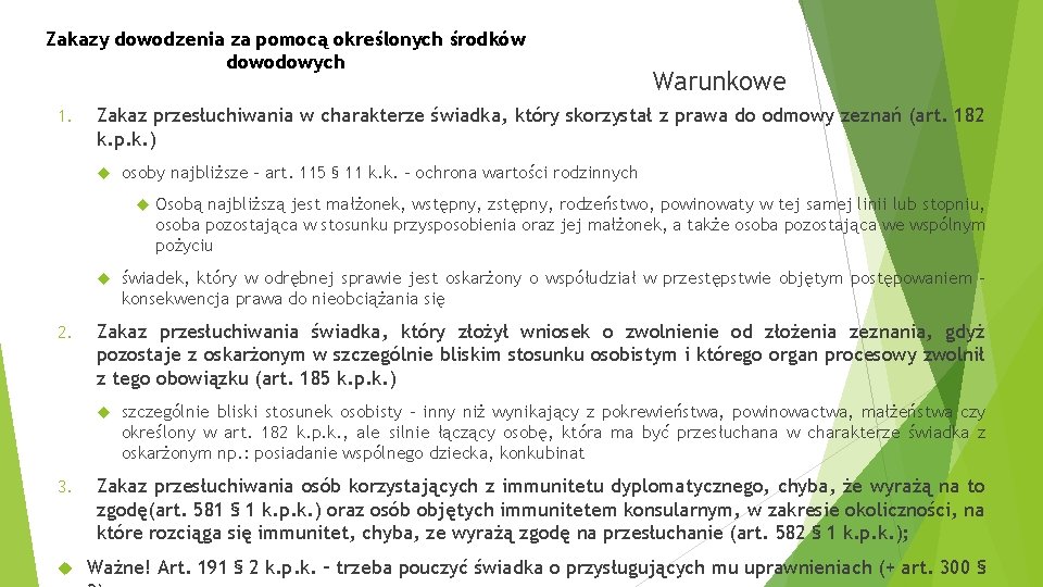 Zakazy dowodzenia za pomocą określonych środków dowodowych 1. Zakaz przesłuchiwania w charakterze świadka, który