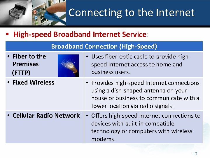 Connecting to the Internet § High-speed Broadband Internet Service: Broadband Connection (High-Speed) • Fiber