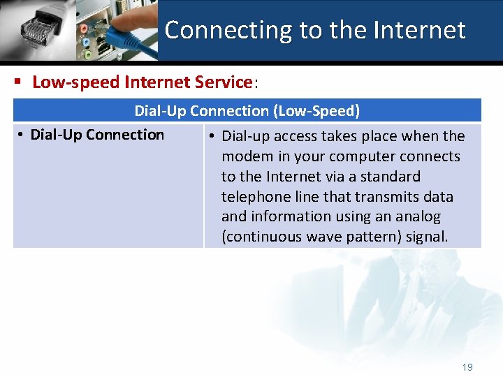 Connecting to the Internet § Low-speed Internet Service: Dial-Up Connection (Low-Speed) • Dial-Up Connection
