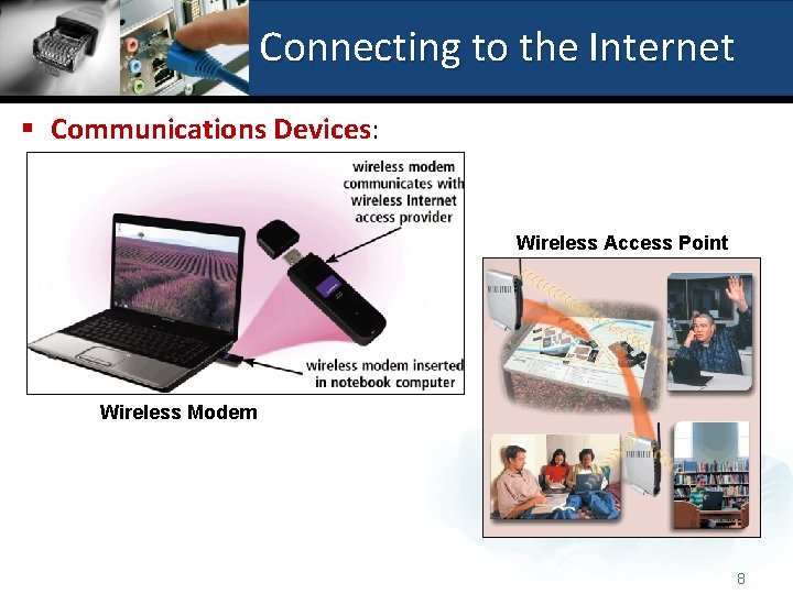Connecting to the Internet § Communications Devices: Wireless Access Point Wireless Modem 8 