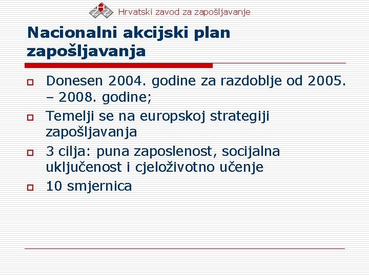 Hrvatski zavod za zapošljavanje Nacionalni akcijski plan zapošljavanja o o Donesen 2004. godine za