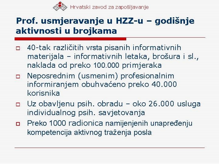 Hrvatski zavod za zapošljavanje Prof. usmjeravanje u HZZ-u – godišnje aktivnosti u brojkama o