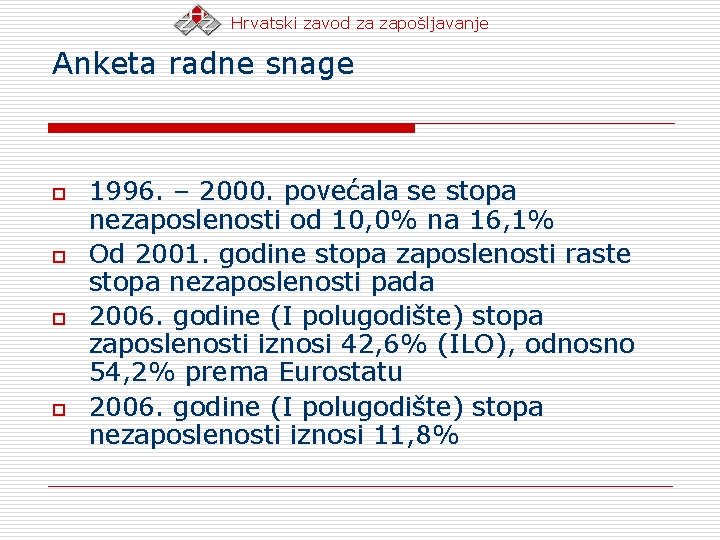 Hrvatski zavod za zapošljavanje Anketa radne snage o o 1996. – 2000. povećala se