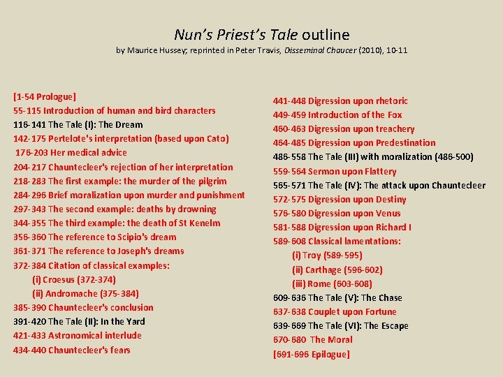 Nun’s Priest’s Tale outline by Maurice Hussey; reprinted in Peter Travis, Disseminal Chaucer (2010),