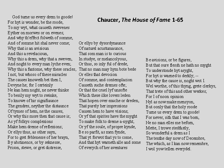  God turne us every drem to goode! Chaucer, The House of Fame 1