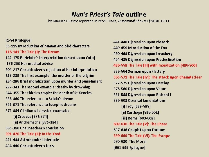 Nun’s Priest’s Tale outline by Maurice Hussey; reprinted in Peter Travis, Disseminal Chaucer (2010),