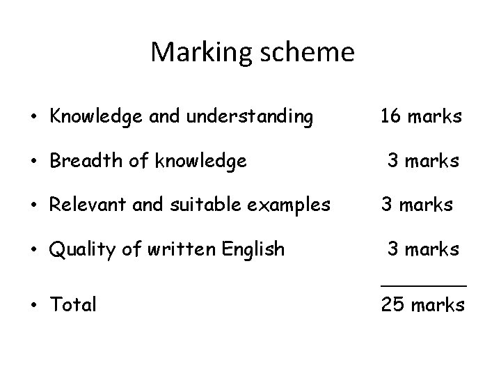 Marking scheme • Knowledge and understanding 16 marks • Breadth of knowledge 3 marks