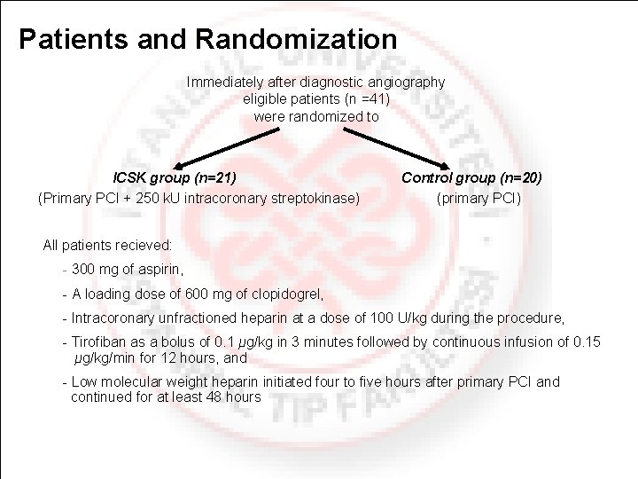 Patients and Randomization Immediately after diagnostic angiography eligible patients (n =41) were randomized to