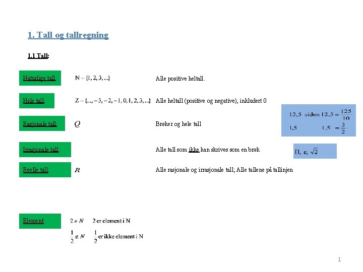 1. Tall og tallregning 1. 1 Tall: Naturlige tall: Alle positive heltall. Hele tall: