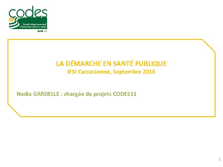 LA DÉMARCHE EN SANTÉ PUBLIQUE IFSI Carcassonne, Septembre 2016 Nadia GARDELLE : chargée de