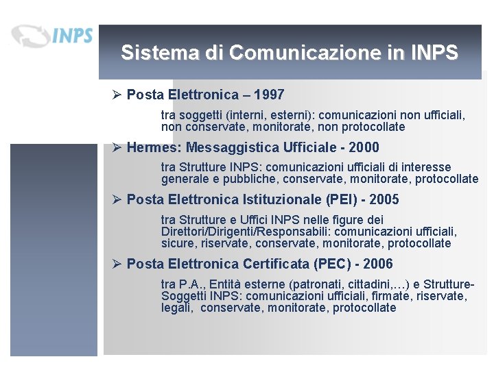 Sistema di Comunicazione in INPS Ø Posta Elettronica – 1997 tra soggetti (interni, esterni): Sistema di Comunicazione in INPS Ø Posta Elettronica – 1997 tra soggetti (interni, esterni):