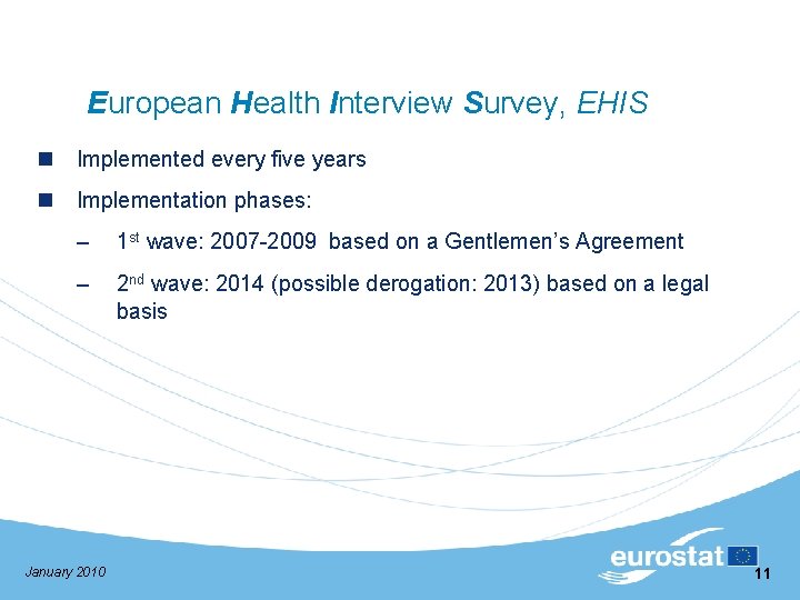 European Health Interview Survey, EHIS n Implemented every five years n Implementation phases: –