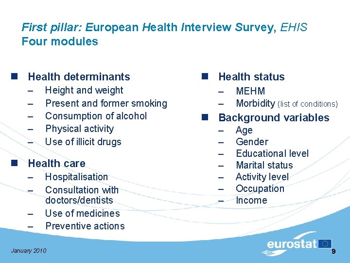 First pillar: European Health Interview Survey, EHIS Four modules n Health determinants – –