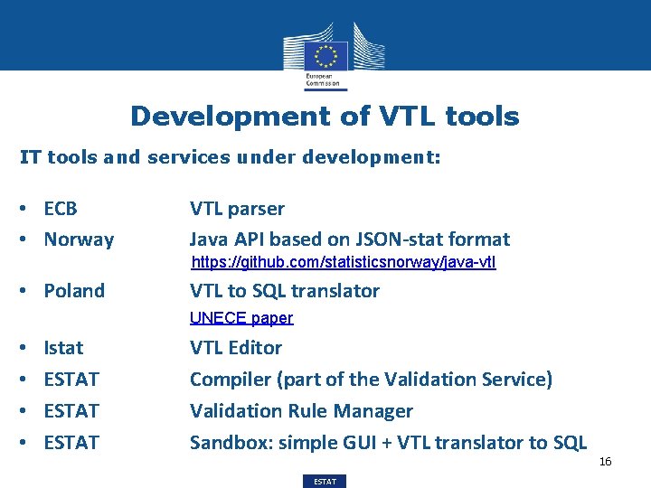 Development of VTL tools IT tools and services under development: • ECB • Norway