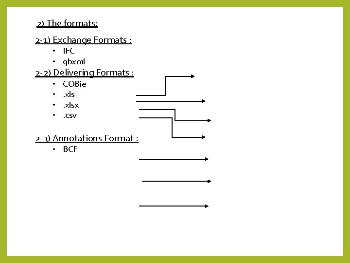 2) The formats: 2 -1) Exchange Formats : • IFC • gbxml 2 -2)