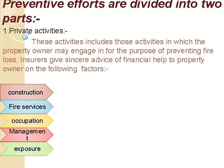 Preventive efforts are divided into two parts: 1. Private activities: These activities includes those