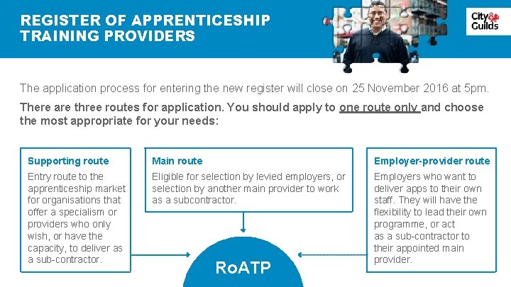 REGISTER OF APPRENTICESHIP TRAINING PROVIDERS The application process for entering the new register will