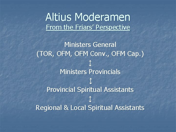 Altius Moderamen From the Friars’ Perspective Ministers General (TOR, OFM Conv. , OFM Cap.