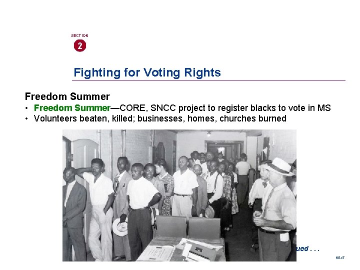 SECTION 2 Fighting for Voting Rights Freedom Summer • Freedom Summer—CORE, SNCC project to