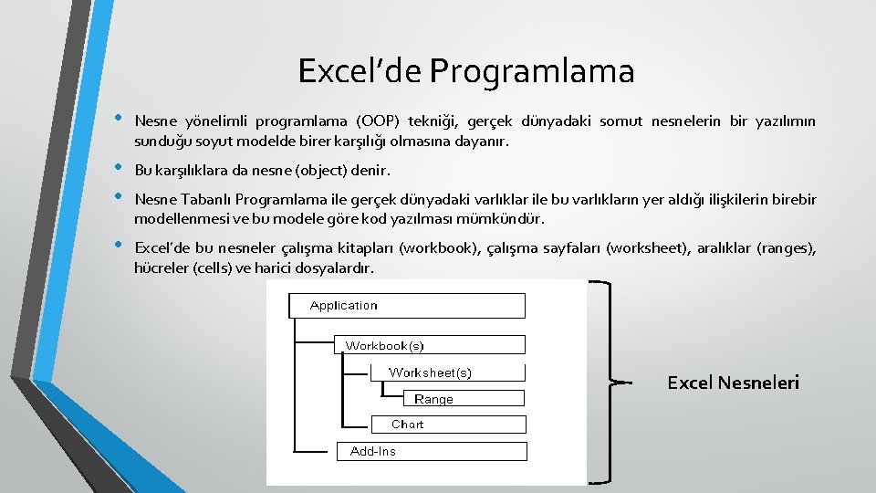 Excel’de Programlama • Nesne yönelimli programlama (OOP) tekniği, gerçek dünyadaki somut nesnelerin bir yazılımın