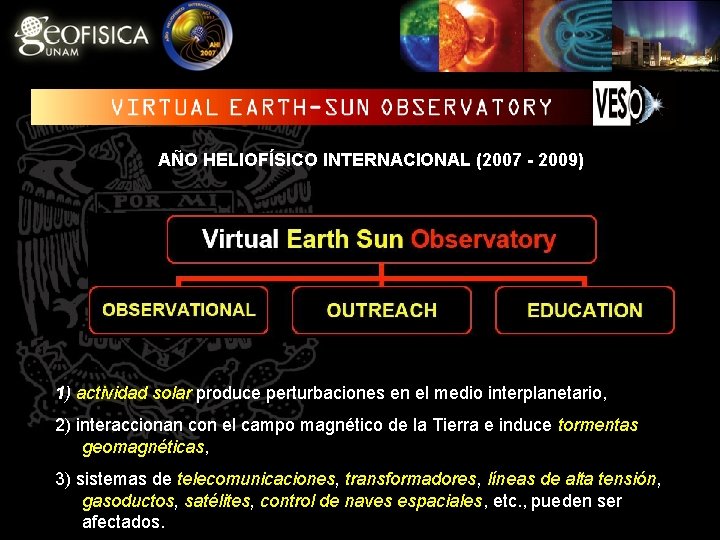 AÑO HELIOFÍSICO INTERNACIONAL (2007 - 2009) 1) actividad solar produce perturbaciones en el medio